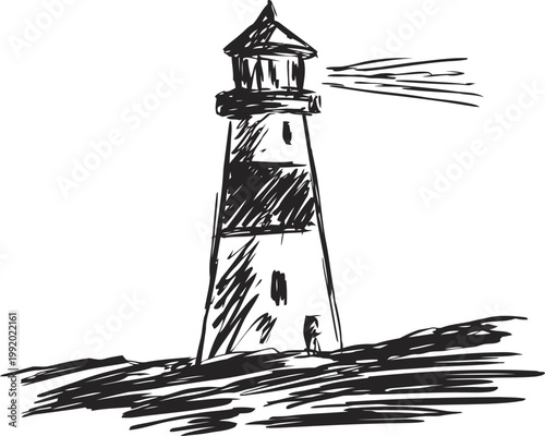 lighthouse shining light at night on rocky coast nautical beacon tower, maritime safety and navigation