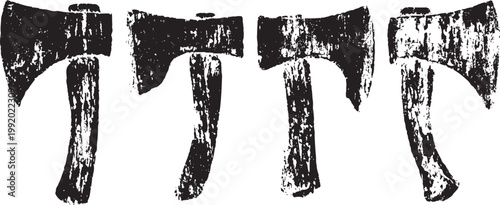 Set of four vintage distressed axes illustrations with different handle shapes and blade designs
