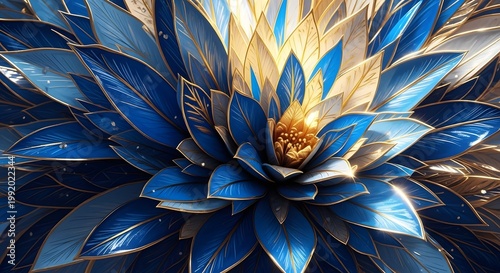 Abstract opulent blue and gold floral petals intricately detailed with shimmering light effects
