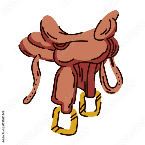 Stylized cowboy saddle from the wild west, leather horse saddle with metal details for touring
