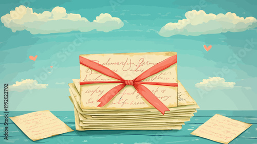 A stack of vintage letters tied with a red ribbon, floating hearts, and clouds