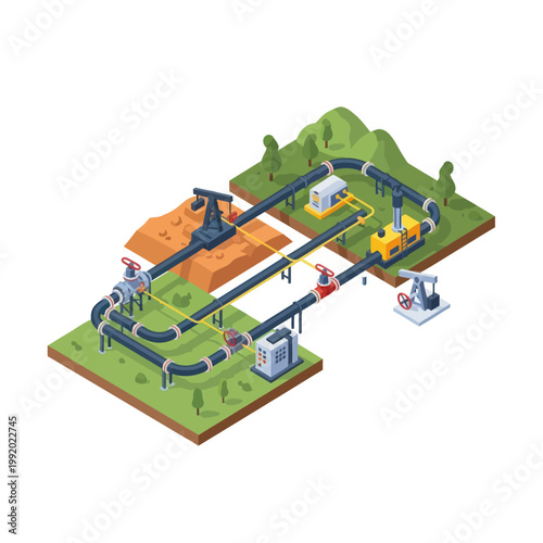 Isometric Oil Pipeline Network Illustration with Infrastructure and Landscape.
