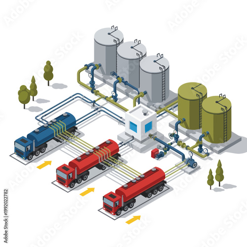 Isometric Oil Depot with Tanker Trucks and Storage Tanks.