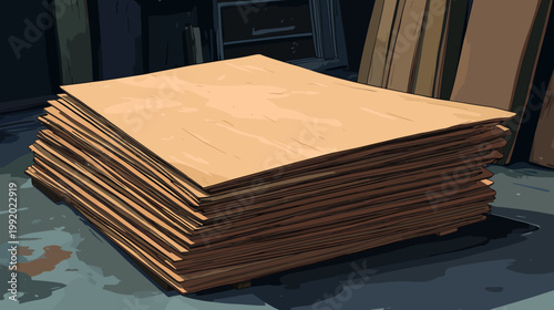 A stack of wooden boards, illuminated by subtle lighting, inside a workshop-like environment