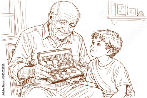 Grandfather Sharing War Medals With Grandson