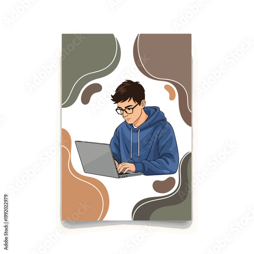 Young man working on laptop computer illustration.