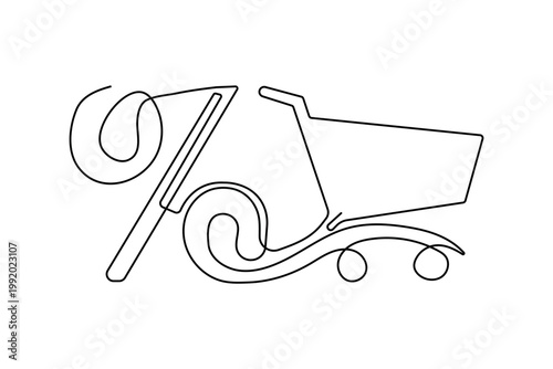 Percentage with shopping cart continuous one line drawing minimalist vector illustration