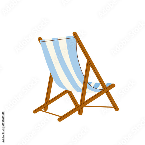 Wooden deck chair with blue and white stripes. Isolated object for summer vacation, seaside holiday and resort relaxation design.