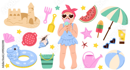 A collection of summer beach elements for children, including sandcastles, ice cream, shells, swimsuits, and beach toys, perfect for summer vacation designs.