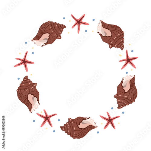Circular frame made of brown seashells and starfish on a white background. Template for summer designs, nautical invitations, wedding stationery, and beach-themed decorations.