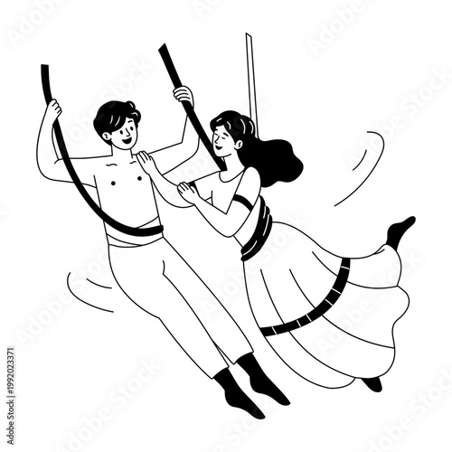A drawing style illustration showing a trapeze duo
