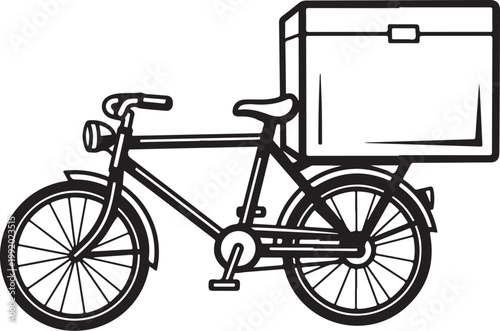 Bicycle Delivery Vector, Cargo Bike Illustration, Food Delivery Icon, Black and White Line Art