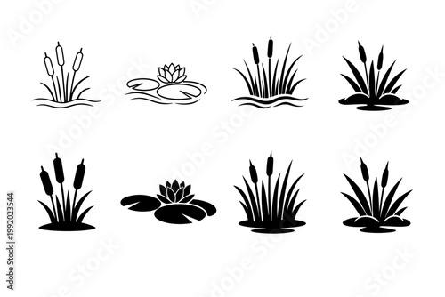 Collection of black aquatic plant icons including cattails, bulrushes, water lily pads, and marsh vegetation in minimalist line art and solid silhouette styles for nature and wetland design.