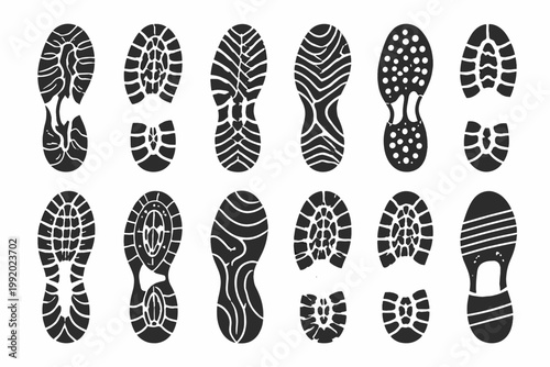 Set of Shoe Sole Prints and Footprints Textures. Vector Silhouettes of Various Footwear Treads Including Sneakers, Boots, and Dress Shoes. Simple Flat Illustration for Design and Forensic Use.