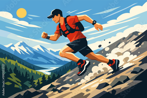 Dynamic vector illustration of a male trail runner sprinting down a steep rocky mountain ridge under a bright sun, featuring a scenic landscape with snow peaks, pine forests, and blue sky.