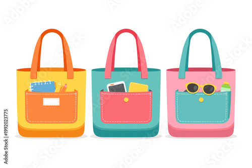 Set of Three Colorful Fabric Tote Bags with Handles and Pockets Containing Everyday Essentials. Simple Flat Vector Illustration for Shopping, Eco-Friendly Lifestyle, and Fashion Accessories.