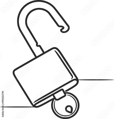 Minimal Line Art Open Padlock with Key, Security Unlock Concept Outline Illustration.
