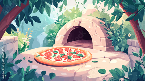 Pixelated artwork of a pizza outdoors near a brick oven surrounded by lush green foliage