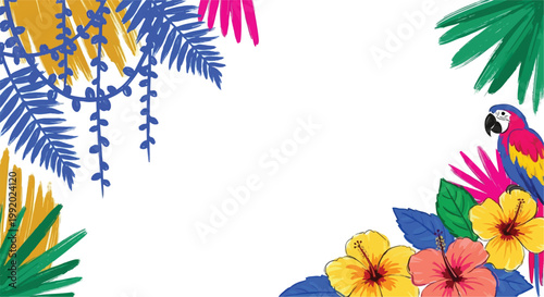 colorful macaw parrot, bright yellow and pink hibiscus flowers, and exotic palm leaves framing a central white copy space.