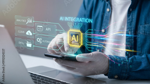 man holding smartphone with ai integration interface