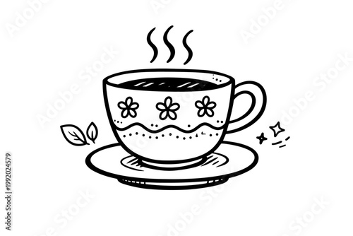 Hand drawn tea cup doodle illustration with floral patterns and steam on a saucer. Simple flat vector line art of a hot beverage mug for cafe, kitchen, and cozy morning breakfast concepts.