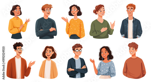 Avatars people set. Characters communicating, woman man dialogue gestures portrait image vector illustration