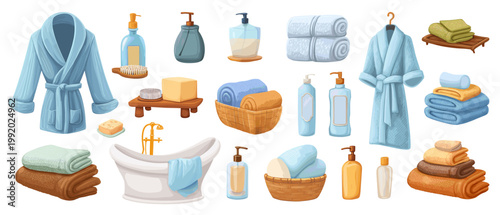 Bathroom accessory set. Blue robe towel soap bath shampoo, spa hygiene bottle bathroom element vector illustration