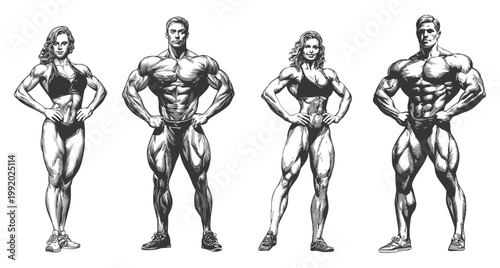 Bodybuilders engraving set. Woman man bodybuilder, fitness pose figure sport skeletons muscles gym anatomy model monochrome drawing sketch vector illustration