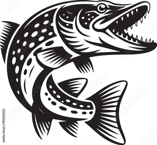 A stylized black silhouette vector illustration of a salmon trout fish designed with tribal art patterns for a marine nature tattoo or underwater sea life symbol