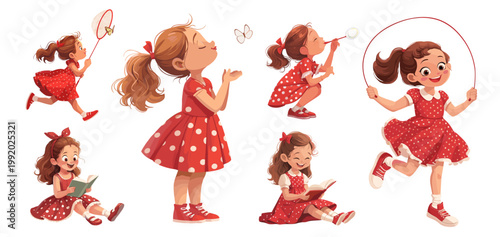 Children girl set. Little brunette lady red dress plays, jumps rope summer butterflies bow tie reading childhood vacation character cartoon vector illustration