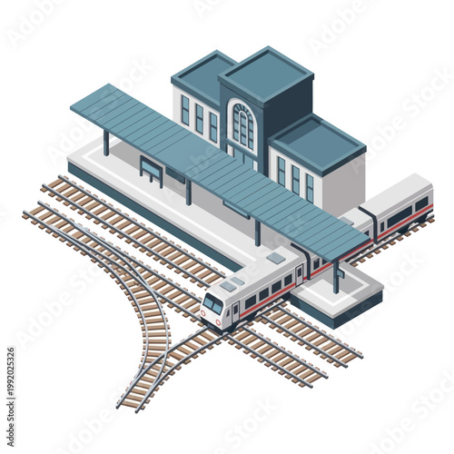 Isometric Train Station with Modern Train and Tracks.