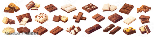 Chocolate bar set. Pieces of milk white black sweet dessert, cocoa praline candy filling confectionery vector illustration