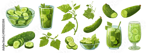 Cucumbers cartoon set. Cucumber, vegetable vitamins gardening vegetarianism vegan healthy food salad juice slices vector illustration