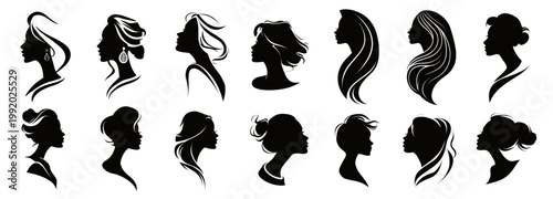 Female portrait silhouette. Woman profile, logo emblem monochrome hairstyle character hairdresser beauty salon vector illustration
