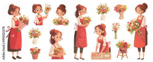 Florist cartoon set. Brunette woman in a red apron assembling bouquet, flower shop small business character design vector illustration