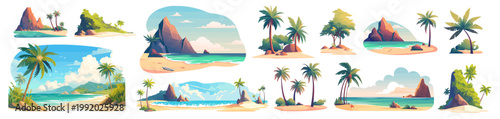 Island tropical set. Islands beach sea ocean palm trees sand coast mountains rocks cartoon, sky clouds summer paradise exotic nature travel landscape elements vector illustration