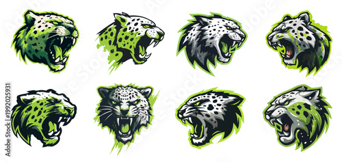 Leopard logo set. Green leopard, aggressive emblem sign team character rage symbol wild animal cat open mouth print vector illustration