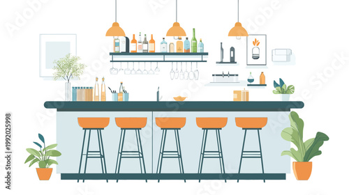 A cozy illustration of a bar interior with stools, decor, plants, bottles, and hanging lights