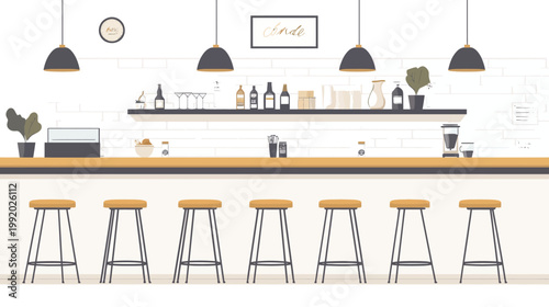 A cozy illustration depicts a bar setting with stools, shelves, and lighting. Drinks and greenery are present