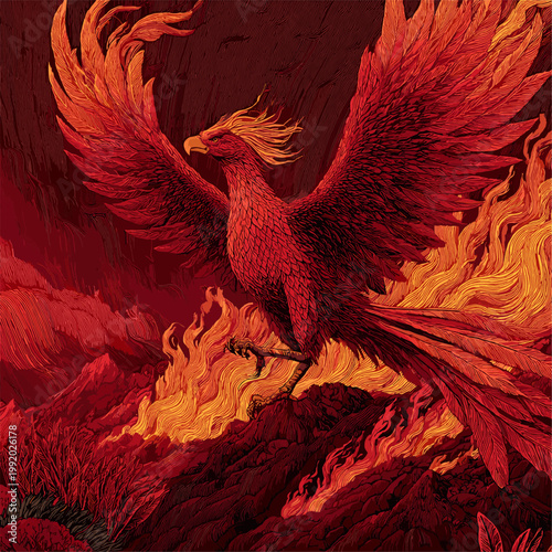 Phoenix background. Firebird, mythical blazing fire wings fantasy creature fairy tale symbol transformation poster design vector illustration