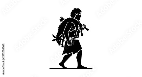 Man walking with backpack and spear.