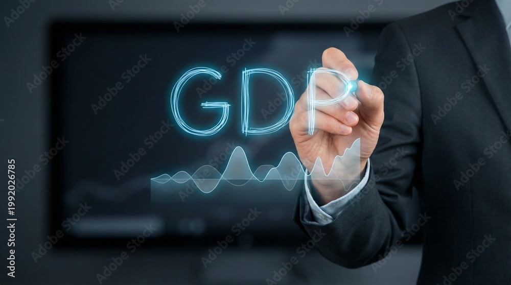 Obraz premium A middle-aged Caucasian man in a business suit drawing a GDP graph with a glowing blue marker