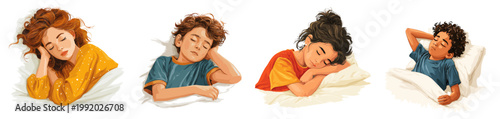 Sleeping Children set. Boy girl resting, sleep night rest childhood time for sleep comfort vector illustration
