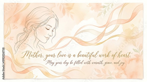 Watercolor Mother's Day greeting card illustration, elegant woman portrait with floral ribbons, soft peach aesthetic for maternal love and appreciation