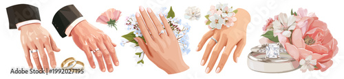 Wedding rings. Ring on hand, wedding celebration bride groom marriage love ceremony family romance flowers diamond gold jewelry silver accessory vector illustration