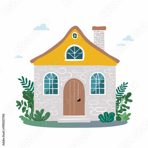 Charming Stone Cottage with Yellow Roof and Greenery