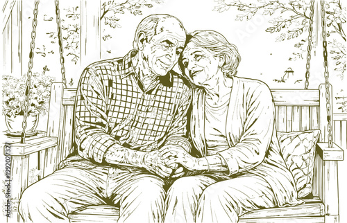 Elderly Couple Romantic Porch Swing Line Art