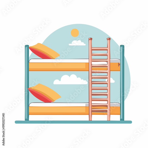 Bunk Bed Illustration with Pillows, Ladder, and Sky Background