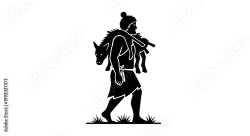 Man Walking With Donkey Silhouette Profile.