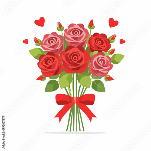 Bouquet of Red and Pink Roses with Red Bow and Hearts
